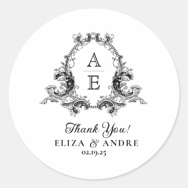 Chic Schwarz-weiß Custom Monogram Wedding Sticker (Vorderseite)