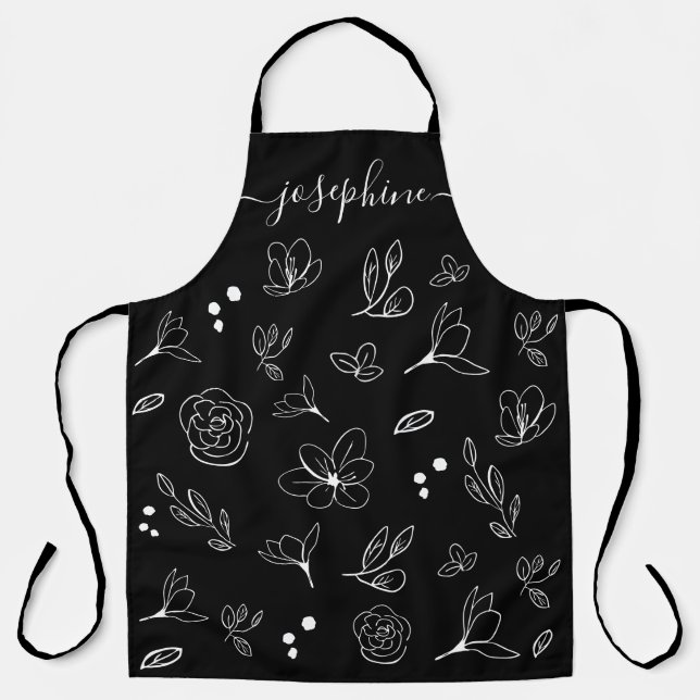 Chic Schwarz-weiß Floral Minimal personalisiert Schürze (Vorderseite)