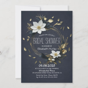 Chic Schwarz-weiß Gold Floral Wreath Brautparty Einladung