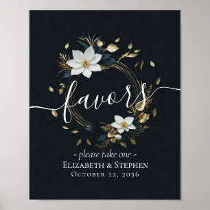 Chic Schwarz-weiß Gold Floral Wreath Gastgeschenke Poster
