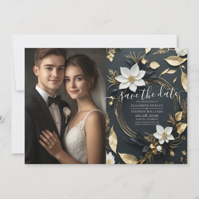 Chic Schwarz-weiß Gold Floral Wreath Wedding Foto Save The Date (Vorderseite)