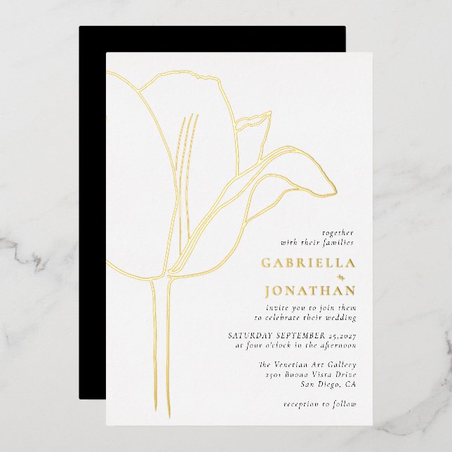 Chic Schwarz-weiß Gold Tulip Wedding Folieneinladung (Vorderseite/Rückseite)