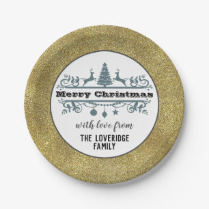 Chic Schwarz-weiß Gray Frohe Weihnachten Gold Glit Pappteller