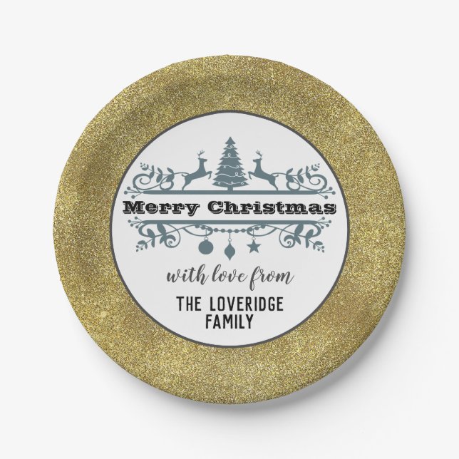 Chic Schwarz-weiß Gray Frohe Weihnachten Gold Glit Pappteller (Vorderseite)