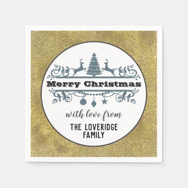 Chic Schwarz-weiß Gray Frohe Weihnachten Gold Glit Serviette (Vorderseite)