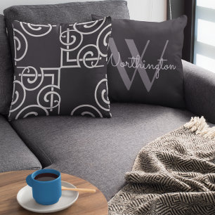 Chic Schwarz-weiß Gray Monogram Kissen