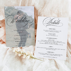 Chic Schwarz-weiß in einem Skript-Foto Hochzeit Einladung