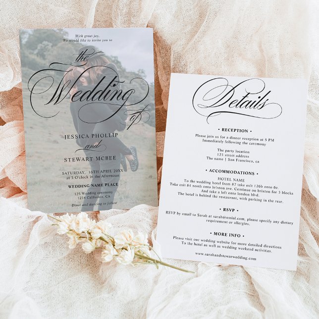 Chic Schwarz-weiß in einem Skript-Foto Hochzeit Einladung (Chic Black white all in one script photo wedding Invitation)