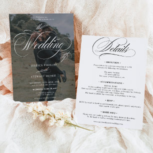 Chic Schwarz-weiß in einem Skript-Foto Hochzeit Einladung