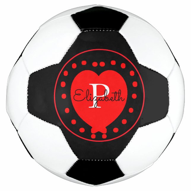 Chic Schwarz-weiß Initial Monogram Red Heart Fußball (Vorderseite)