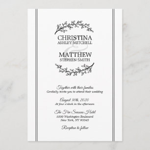Chic Schwarz-weiß Laurel Wreath Branches WEDING Einladung