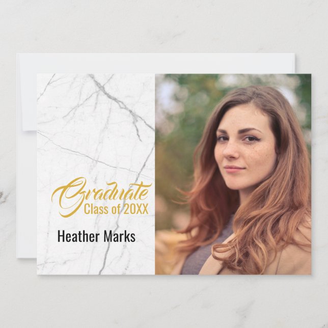 Chic Schwarz-weiß Marble Gold Foto Abschluss Einladung (Vorderseite)