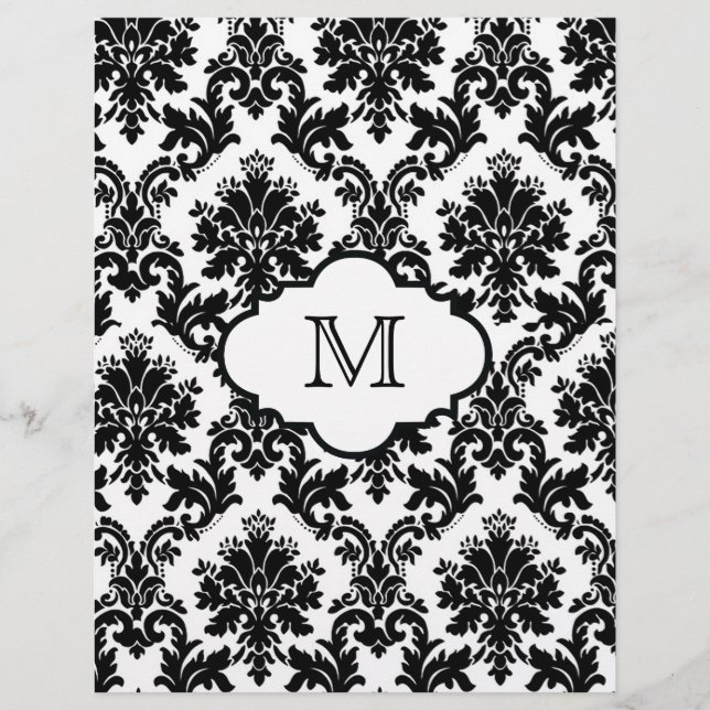 Chic Schwarz-weiß Monogram Damask Scrapbook Paper (Vorderseite)