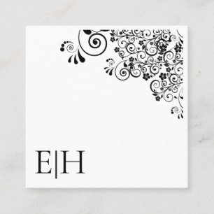 Chic Schwarz-weiß Monogram Floral Scroll Quadratische Visitenkarte