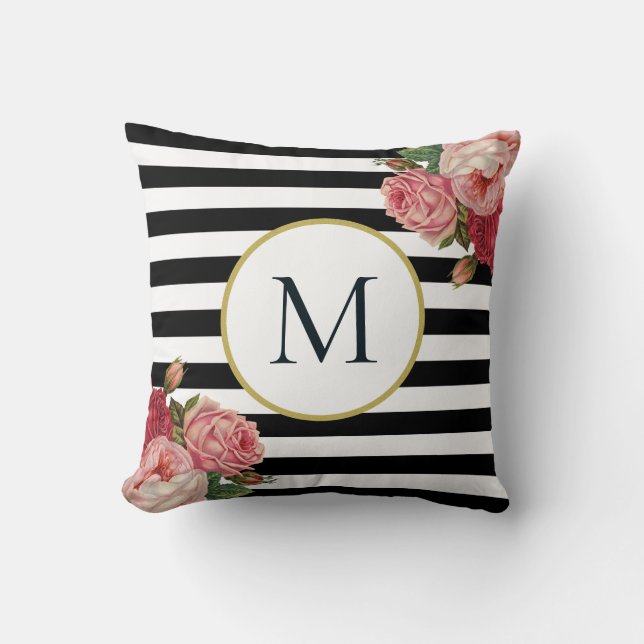 Chic Schwarz-weiß Strip Retro Floral Monogramm Kissen (Vorderseite)