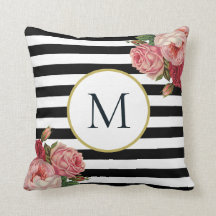 Chic Schwarz-weiß Strip Retro Floral Monogramm
