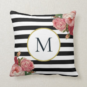 Chic Schwarz-weiß Strip Retro Floral Monogramm Kissen