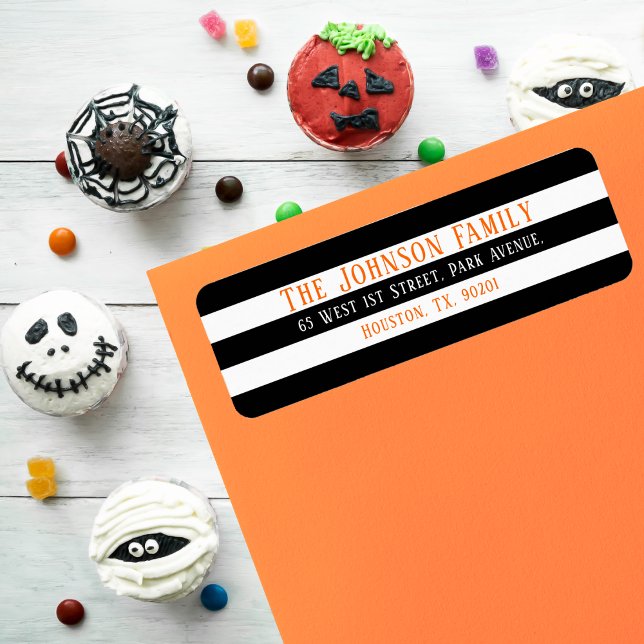 Chic Schwarz-weiß Stripes Halloween Rücksendeadres (Chic Black White Stripes Halloween Return Address Label)
