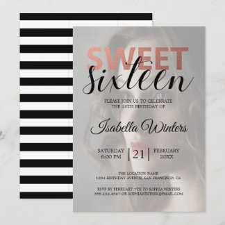 Chic Schwarz-weiß Stripes Rosa Sweet 16 Foto Einladung