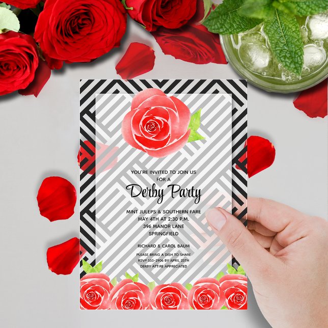 Chic Schwarz-weiß Stripes Rose Derby Horse Acryleinladungen (Red roses on boxed black stripes Derby day party clear acrylic invitations)