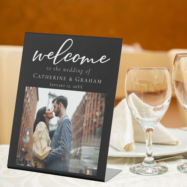 Chic Schwarz-weiß Wedding Couple Foto Empfang Sockelschild (Von Creator hochgeladen)