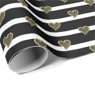 Chic Schwarz-weiße goldene Herzen Streifen modern Geschenkpapier