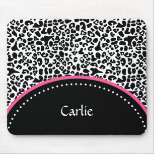 Chic-Schwarz-weißer Leopard-Druck-Rosa-Akzent-Name Mousepad