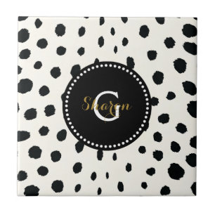 Chic Schwarz-weißes Cheetahdruck-Mustermonogramm Fliese