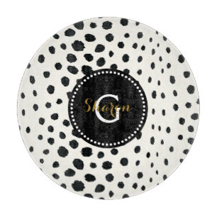 Chic Schwarz-weißes Cheetahdruck-Mustermonogramm Schneidebrett