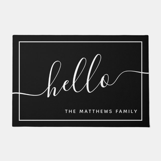 Chic Schwarz-weißes Skript Hallo Familienname Will Fußmatte (Vorderseite)