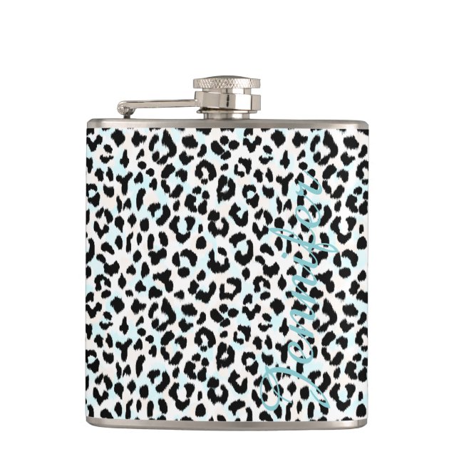 Chic Schwarzweiß-Cheetah-Print-Monogramm Flachmann (Vorderseite)