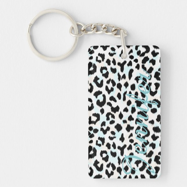 Chic Schwarzweiß-Cheetah-Print-Monogramm Schlüsselanhänger (Vorderseite)