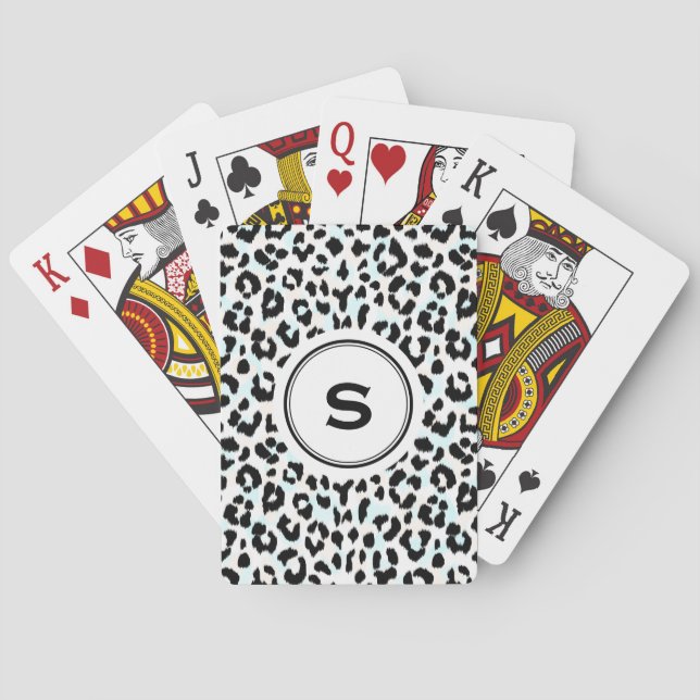 Chic Schwarzweiß-Cheetah-Print-Monogramm Spielkarten (Rückseite)