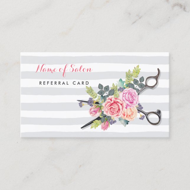 Chic Scissors Stripes and Rose Freundschaftswerbun Empfehlungskarte (Vorderseite)