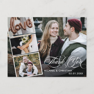 Chic Script 4 Foto Collage Wedding Vielen Dank Postkarte