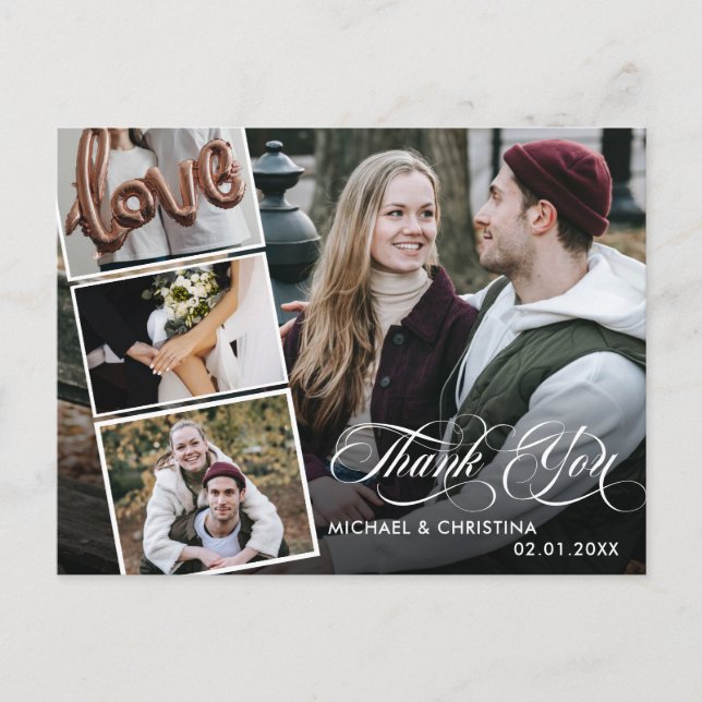 Chic Script 4 Foto Collage Wedding Vielen Dank Postkarte (Vorderseite)