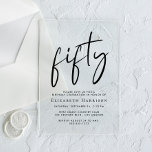 Chic Script 50. Geburtstagsparty Acryleinladungen<br><div class="desc">Erleben Sie Ihre 50. Geburtstagsfeier mit dieser klaren Acryleinladung,  die "fünfzig" in einer schicken Schrift,  Ihren Namen in eleganter Serifentypografie und die Party-Details in einfacher,  moderner Schrift, </div>