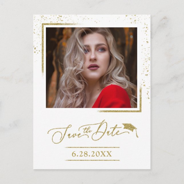 Chic Script Abschlussfeier Save The Date Gold Glit Postkarte (Vorderseite)