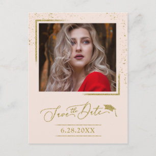 Chic Script Abschlussfeier Save The Date Gold Glit Postkarte