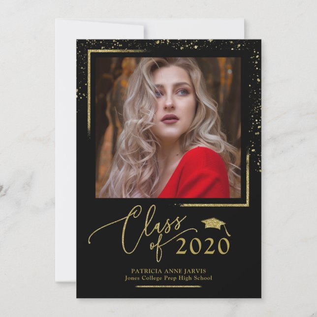 Chic Script Absolventenankündigung Gold Glitter Einladung (Vorderseite)