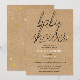 Chic Script Baby Shower Gold Herzen Rustikaler Kra Einladung