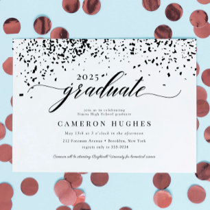 Chic Script Black Confetti Graduation Party Einladung