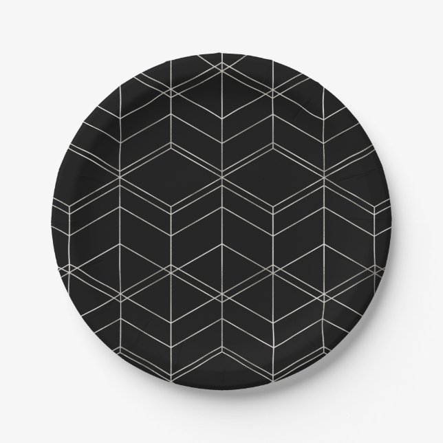 Chic Script Black & Foil Silver Geometric Muster Pappteller (Vorderseite)