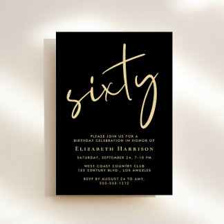 Chic Script Black Gold 60. Geburtstagsparty Einladung