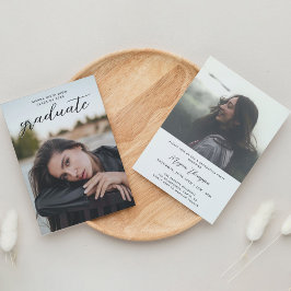 Chic Script Black Two Foto Graduation Party Einladung