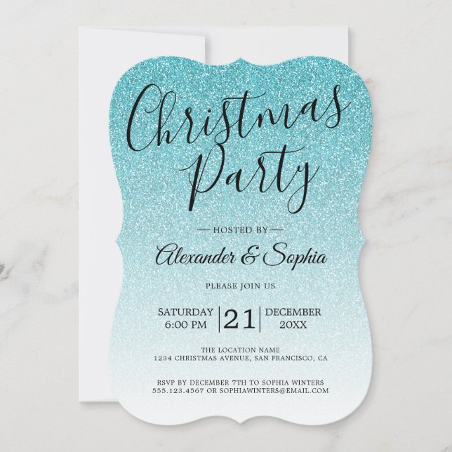 Chic Script Blue Glitzer Ombre Christmas Party Inv Einladung (Vorderseite)