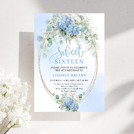 Chic Script Blue Hydrangea Gold Sweet Sixteen Einladung