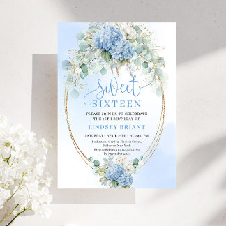 Chic Script Blue Hydrangea Gold Sweet Sixteen Einladung