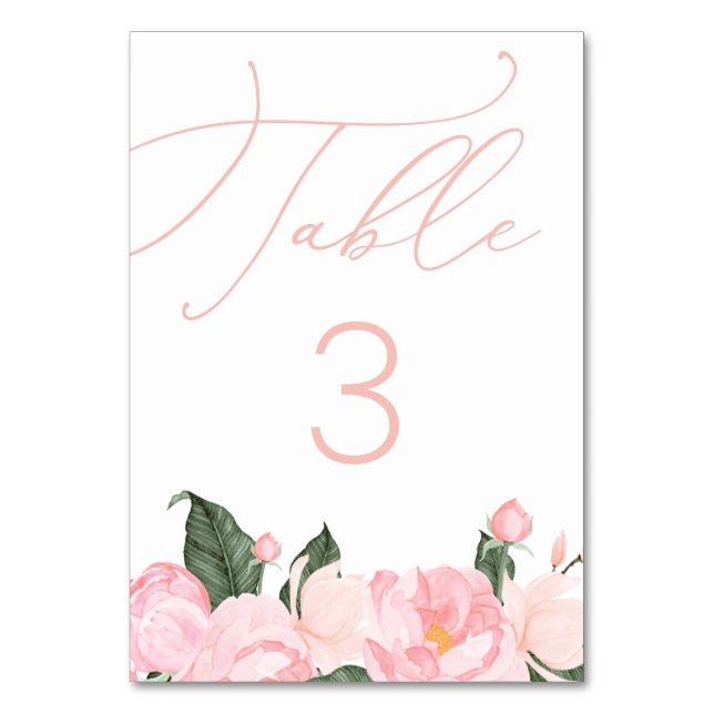 Chic Script Blush Pink Floral Baby Dusche Tischnummer (Vorderseite)