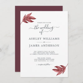 Chic Script Burgundy Leaf Minimal Wedding Einladung
